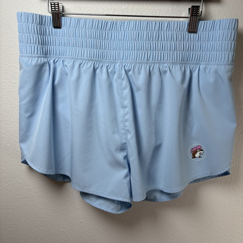 Buc-ees Women's XL ~ Baby Blue Running Athletic High Waist Shorts Beaver Logo